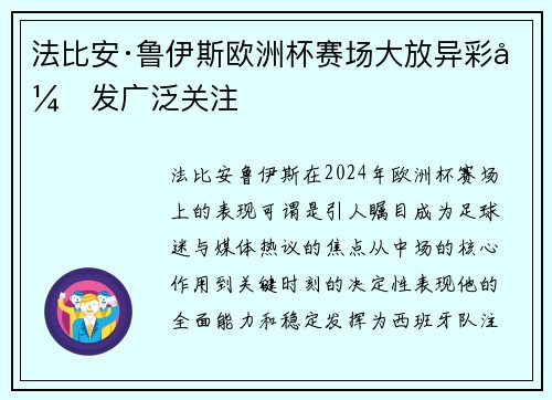 法比安·鲁伊斯欧洲杯赛场大放异彩引发广泛关注